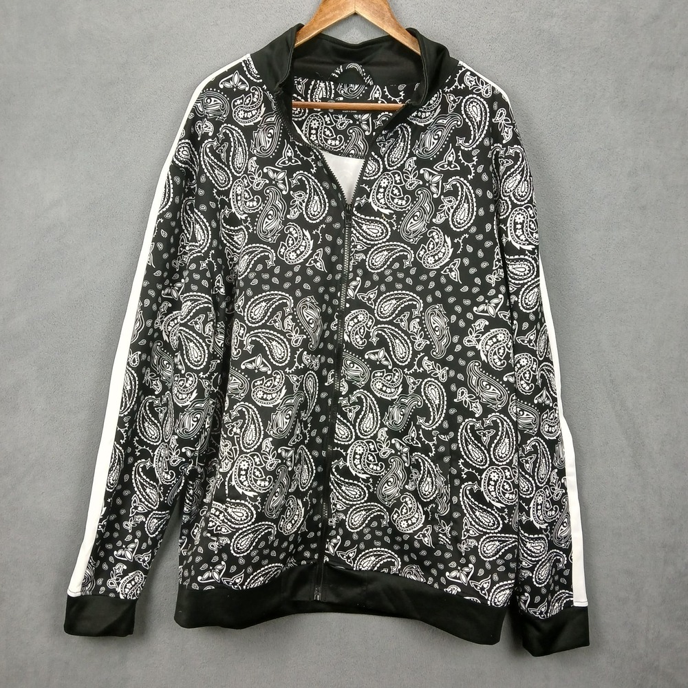 Rebel Minds Track Jacket Mens 3XL Black White Paisley Stretch Mock Neck Full Zip